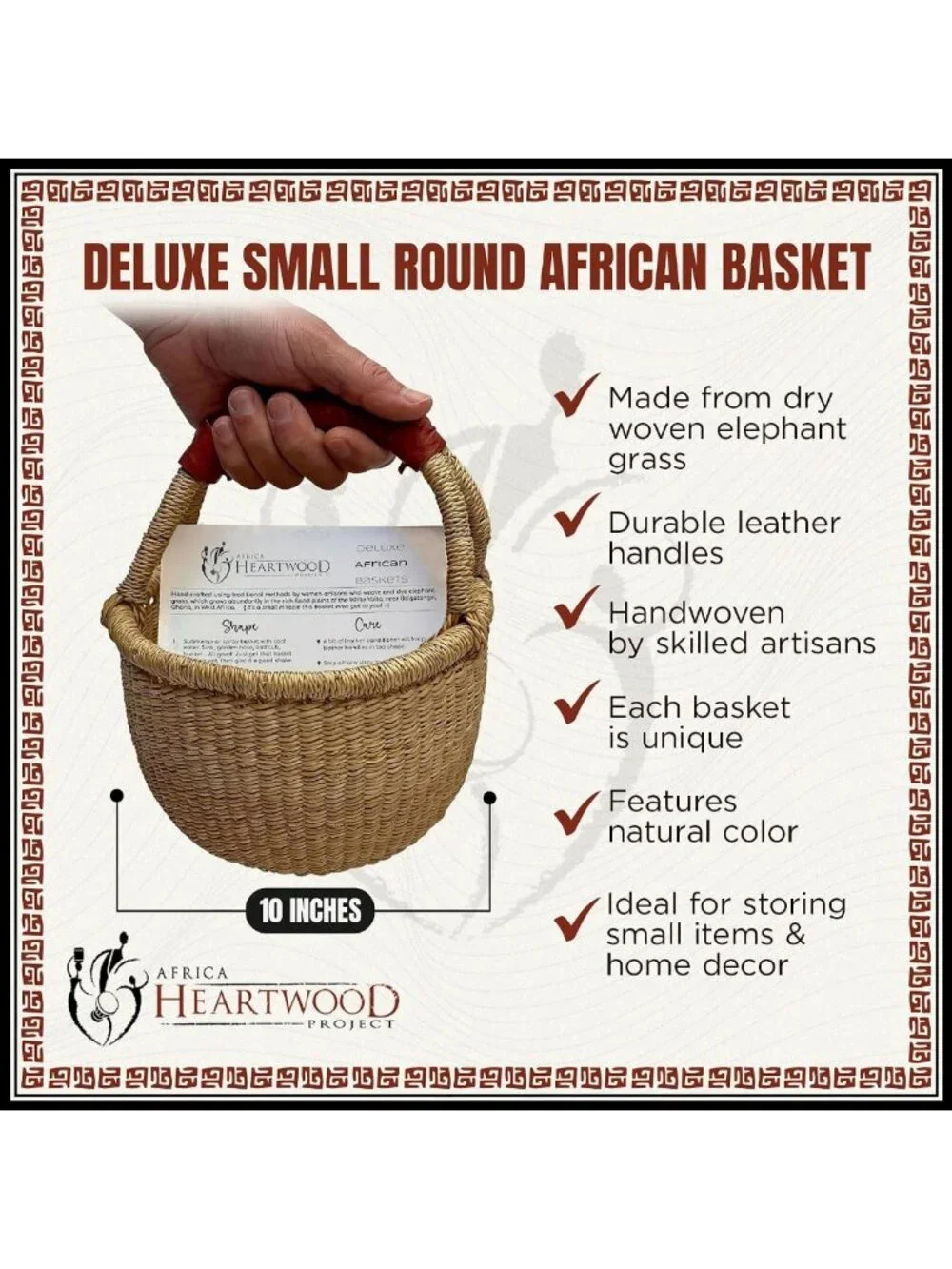 Natural African Basket with Leather Handle - Handmade Bolga Market Basket 10
